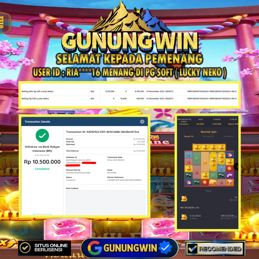 BUKTI WITHDRAW LUCKY NEKO GUNUNGWIN