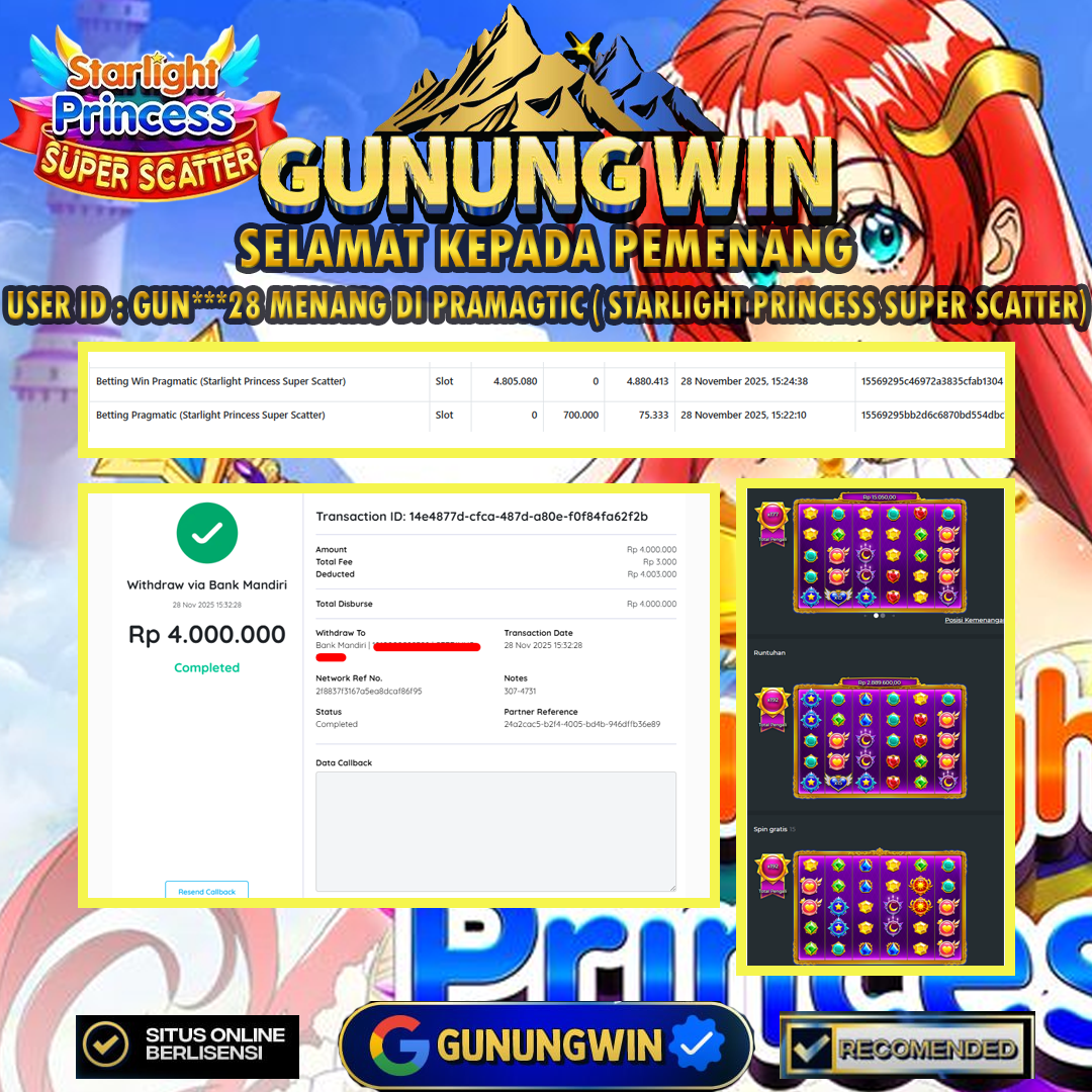 BUKTI WITHDRAW STARLIGHT PRINCESS SUPER SCATTER - Pragmatic Play Gunungwin